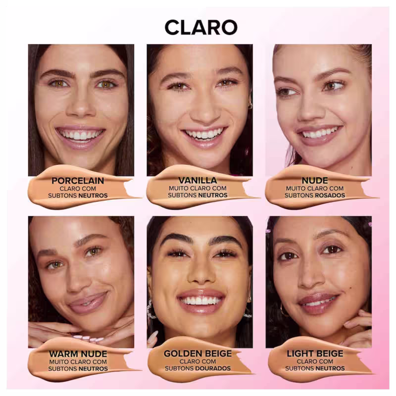 A imagem é dividida em 6 retângulos, cada um com o rosto de uma mulher, mostrando o rosto usando a base e indicando que o produto, com suas diversas cores, atende várias tonalidades de pele.
