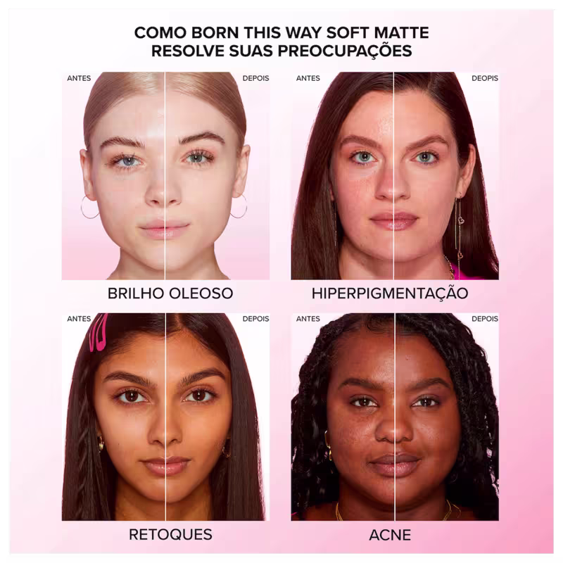 A imagem é dividida em 4 quadrados, cada um com o rosto de uma mulher, mostrando o metade do rosto sem a base e a outra metade do rosto usando a base.