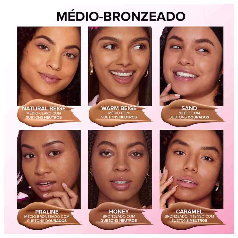 A imagem é dividida em 6 retângulos, cada um com o rosto de uma mulher, mostrando o rosto usando a base e indicando que o produto, com suas diversas cores, atende várias tonalidades de pele.