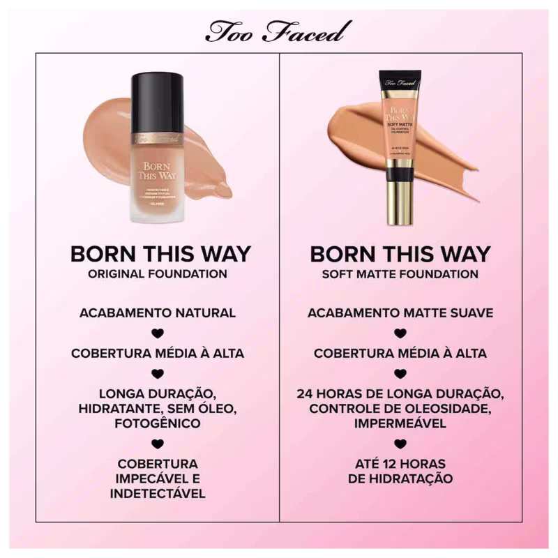 A imagem mostra um folheto comparando na esquerda, uma base com acabamento natural, mostrando a embalagem mais arredondada com uma pincelada do produto ao fundo e demais informações. Na direita, a embalagem da base líquida em questão, com acabamento matte