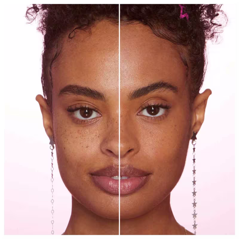 A imagem mostra o rosto de uma mulher, com uma linha dividindo o meio do rosto. Do lado esquerdo está sem base e do lado direito, ela está com base no rosto.