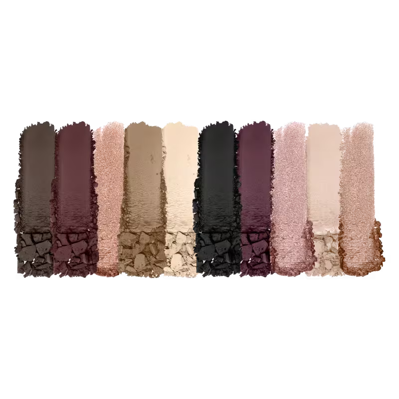 A imagem mostra uma paleta de cores de sombras para olhos da marca Wet n Wild. São apresentadas dez cores diferentes em tons terrosos, marrons e rosados.