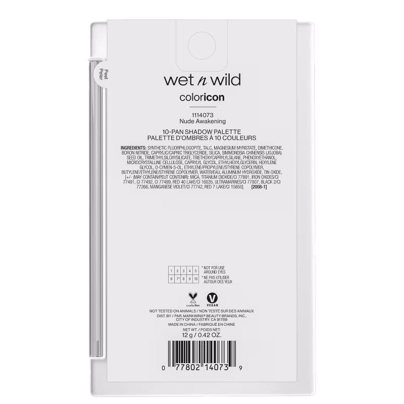A imagem mostra a parte traseira de uma paleta de sombras de 10 cores da marca Wet n Wild. As informações do produto, como ingredientes, instruções de uso, código de barras e informações da empresa estão escritas em inglês.