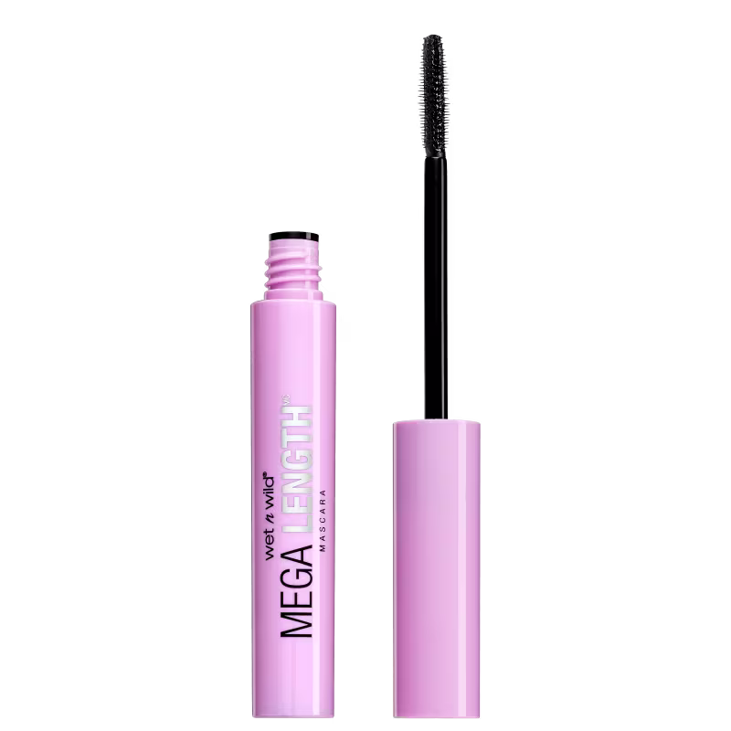 Máscara de cílios Mega Length da marca Wet n Wild. O produto consiste em um tubo plástico rosa claro com o nome do produto impresso em letras brancas, e um aplicador de rímel preto com cerdas espiraladas.