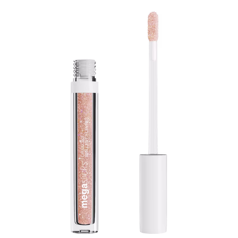 Gloss labial líquido rosa em embalagem transparente com aplicador de espuma. O frasco tem o texto "megaslick" e "brilliant lip gloss" em letras brancas. O aplicador é um bastão branco com uma ponta de espuma na extremidade.
