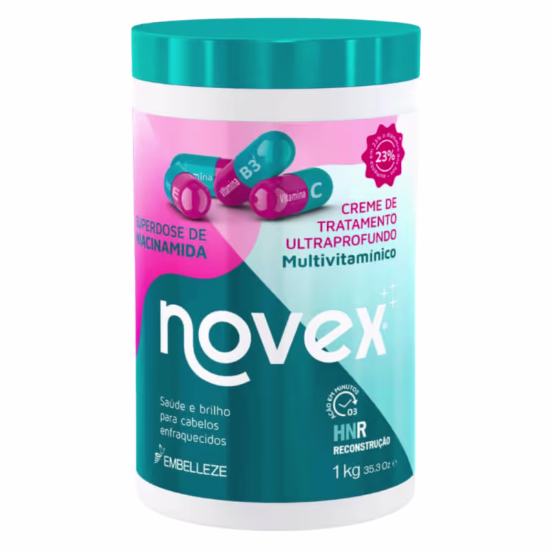A imagem mostra o Creme de Tratamento Embelleze Novex Superdose de Niacinamida 1kg. O pote é branco com detalhes em rosa e verde escuro e destaca o benefício de "saúde e brilho para cabelos enfraquecidos".