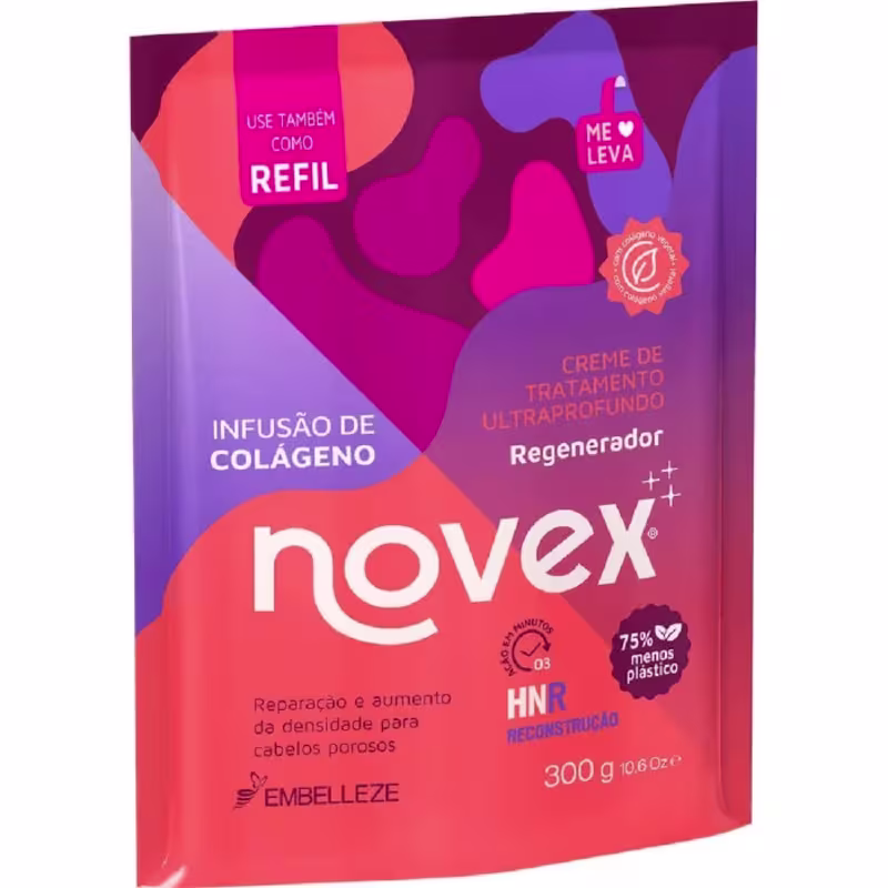 Produto de tratamento capilar da marca Novex. Embalagem retangular em tons de roxo, rosa e laranja. Rótulo com o nome "Novex" em letras brancas e informações como "Infusão de Colágeno".