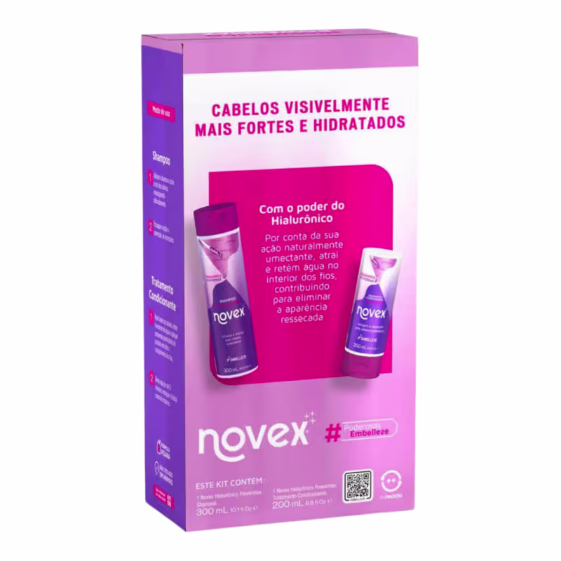A imagem mostra a parte de trás da caixa com o kit Embelleze Novex Hialurônico PowerMax . A embalagem é predominantemente na cor roxa e rosa, com destaque para os benefícios de deixar os cabelos mais fortes, hidratados e com aparência saudável.