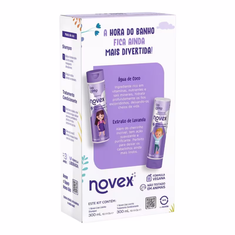 A imagem mostra a parte de trás da caixa do Kit Embelleze Novex Liso Lisinho.  A embalagem tem uma aparência lúdica e divertida, com cores vivas e personagens infantis ilustrados. As descrições dos produtos destacam os benefícios dos produtos.