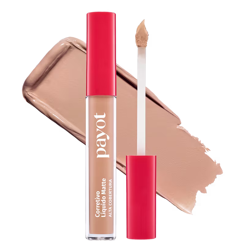 A imagem mostra um tubo de corretivo aberto e atrás dele, uma amostra do produto indicando a cor.