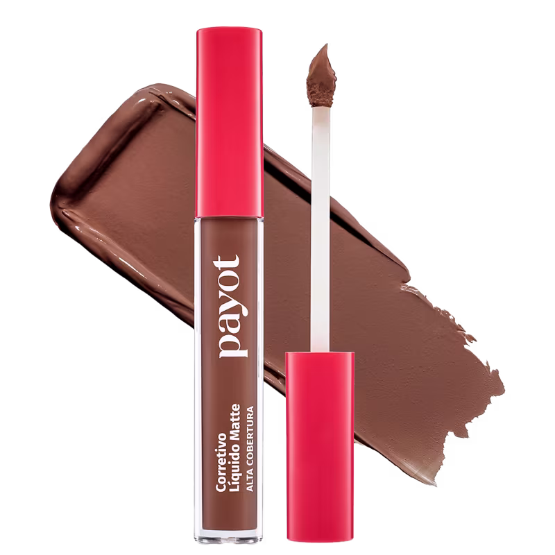 A imagem mostra um tubo de corretivo aberto e atrás dele, uma amostra do produto indicando a cor.