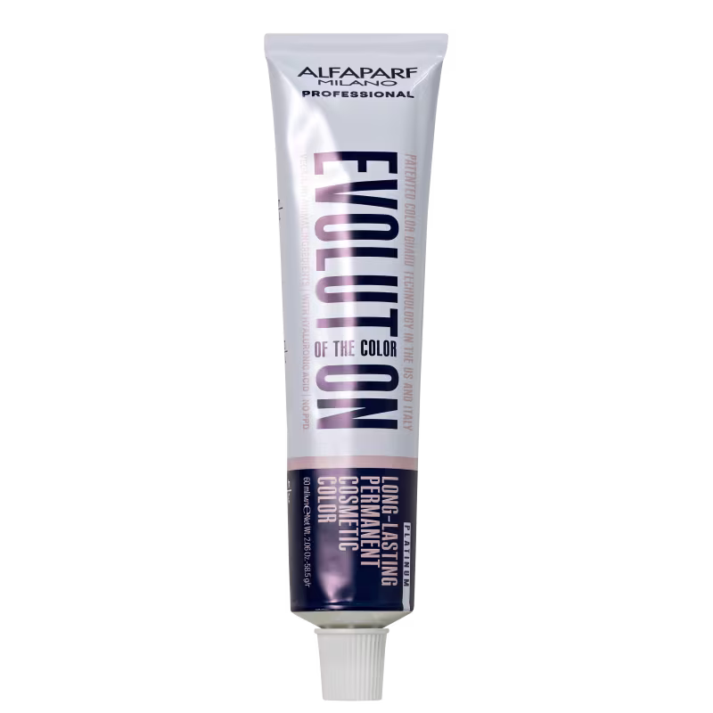 Produto de coloração capilar da linha Evolution of the Color da marca Alfaparf Milano Professional. Embalagem em tubo plástico branco com detalhes em rosa e azul marinho.
