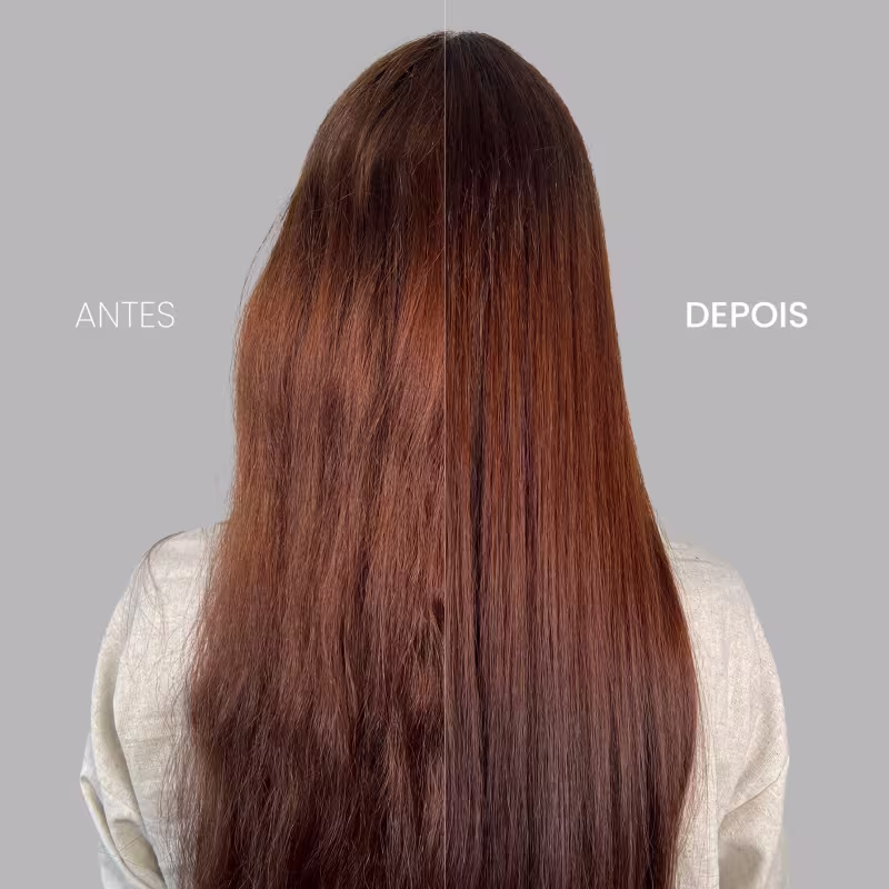 A imagem traz a comparação antes e depois do uso de produtos da linha Cadiveu Final Style. Do lado esquerdo, o "antes" mostra  cabelos castanhos opacos e sem movimento. Do lado direito, sob o título "depois", os cabelos estão com movimento e brilho.