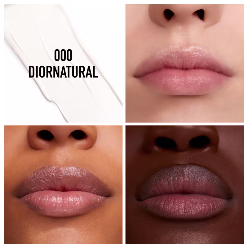 A imagem está dividida em 4 partes. A primeira mostra a cor do balm com o número e nome. As outras três imagens são de bocas de três tons de pele diferente, utilizando o balm nos lábios.