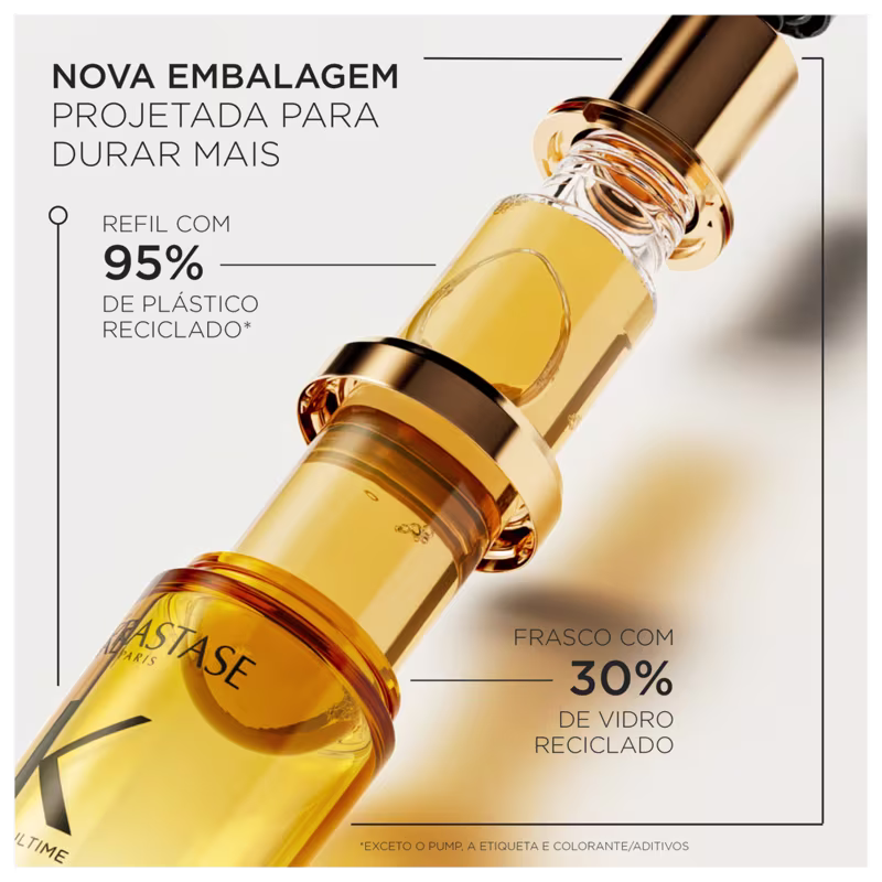 A imagem mostra o novo frasco e destaca que é projetado para durar mais tempo. É de vidro amarelo e possui detalhes dourados nas extremidades. É sustentável, sendo o refil feito com 95% de plástico reciclado e o frasco contém 30% de vidro reciclado.