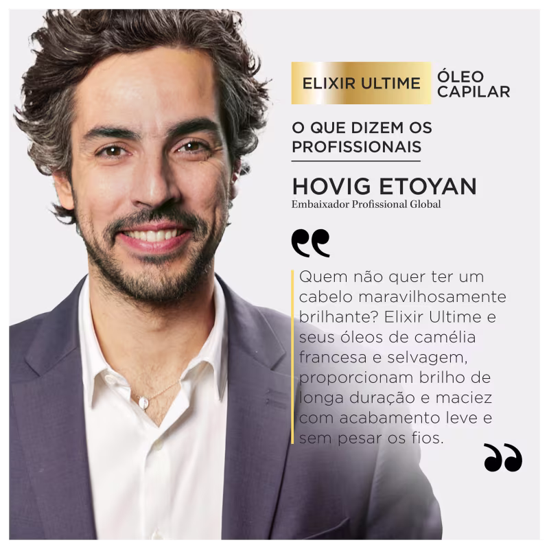 A imagem apresenta um homem elegante de camisa social branca, terno escuro, cabelos cacheados e sorriso atraente, que é identificado como Hovig Etoyan, Embaixador Profissional Global de Kérastase que declara os benefícios do novo óleo capilar.