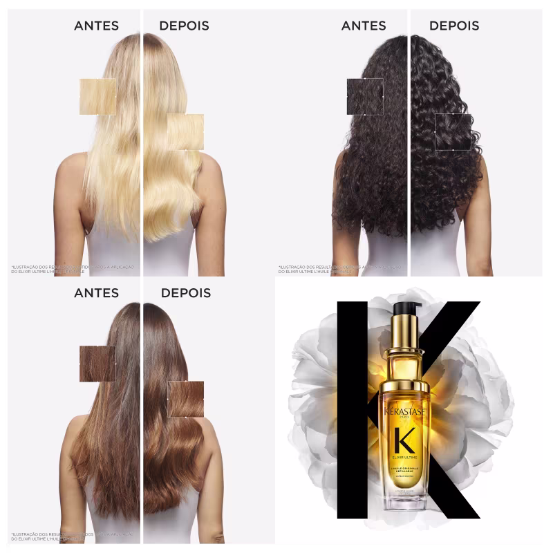 A imagem mostra painéis de antes e depois de usar o óleo em diferentes tipos de cabelo. O 1º mostra uma mulher de costas com cabelos lisos e loiros. O 2º exibe uma mulher de cabelos escuros e cacheados. O 3º tem uma mulher de cabelos castanhos e lisos.