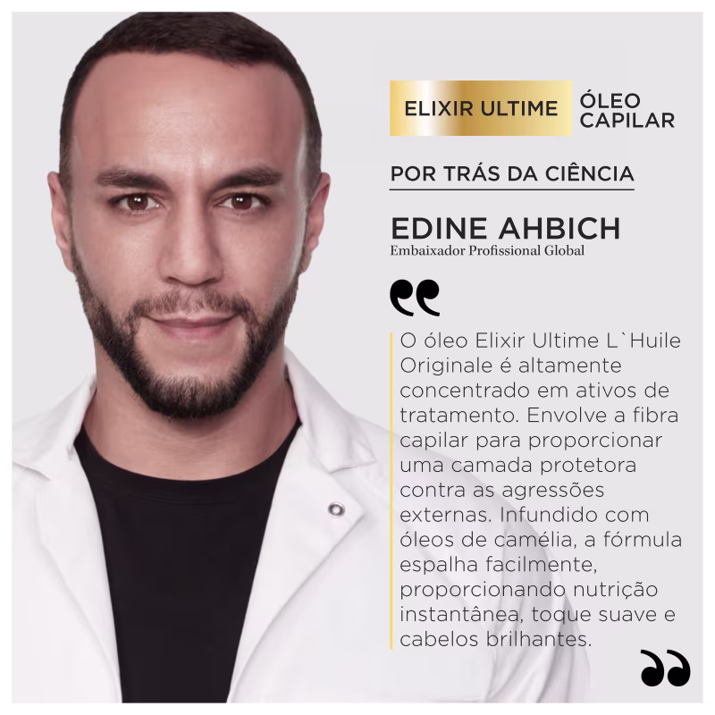 A imagem mostra um homem, Edine Ahbich, o embaixador profissional da marca. Ele é branco, tem barba e cabelos escuros e está usando uma camisa preta e um jaleco branco por cima. Ao lado de sua foto, descreve as propriedades do Elixir Ultime.