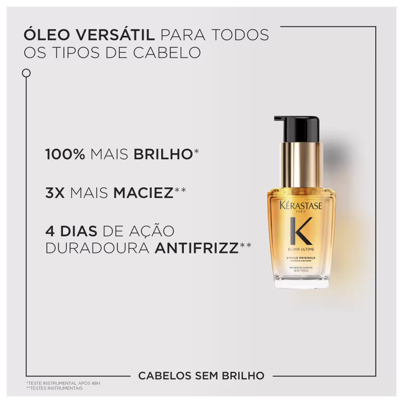 A imagem mostra o frasco do óleo e destaca benefícios como: versátil para todos os tipos de cabelo, 100% mais brilho, 3x mais maciez e 4 dias de ação duradoura antifrizz.