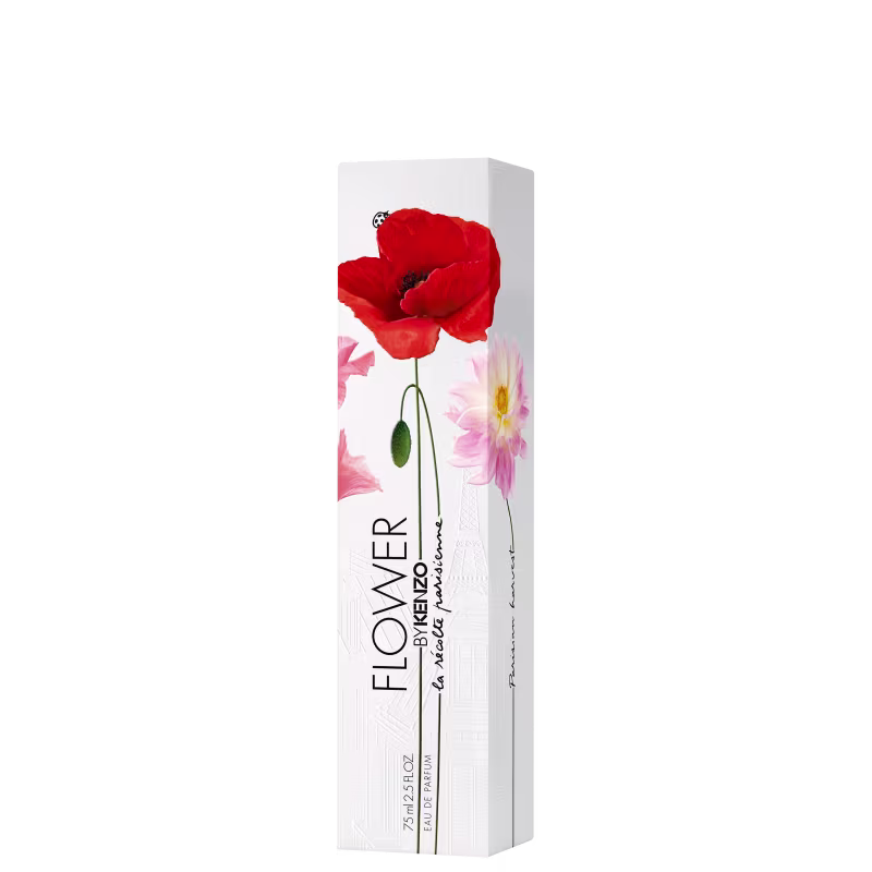 A imagem mostra a caixa do perfume "Flower by Kenzo".  A embalagem é branca e apresenta uma ilustração botânica de uma bela papoula vermelha vibrante em destaque, junto com outras flores menores em tons de rosa suaves ao fundo.