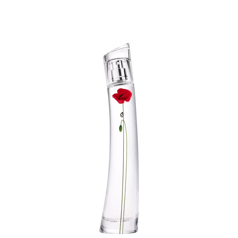 A imagem mostra o frasco do perfume Flower by Kenzo La Récolte Parisienne. é de vidro transparente em formato cilíndrico, nele está estampado uma papoula vermelha, com uma folha verde caída ao lado do seu caule e uma joaninha preta e branca, em seu caule.