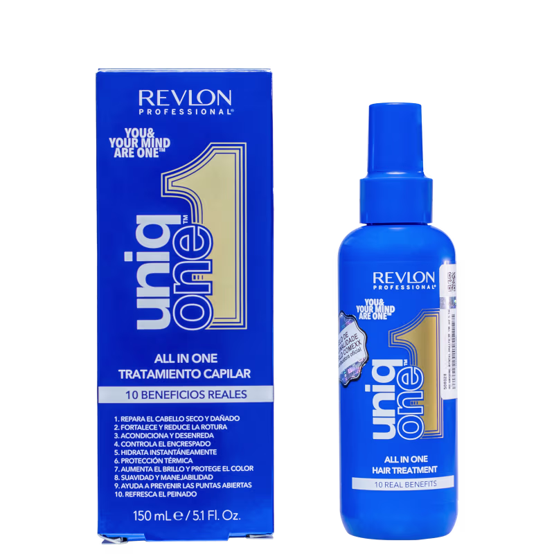 A imagem mostra o produto e sua caixa ao lado, que segue o mesmo design com cor azul brilhante, informações de benefícios e detalhes em branco e dourado.