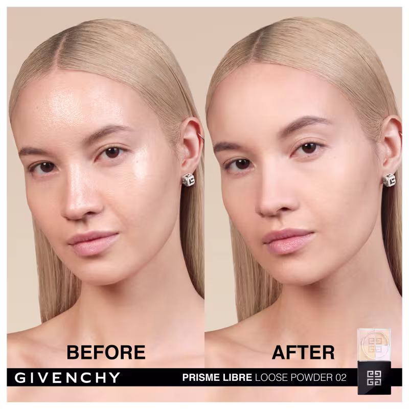 A imagem apresenta o comparativo ao usar o pó solto. Mostra duas fotos de uma modelo branca de pele clara. A foto da esquerda é "Antes" e a da direita como "Depois", sugerindo que o pó solto matificante promove uma aparência mais polida e sedosa na pele.