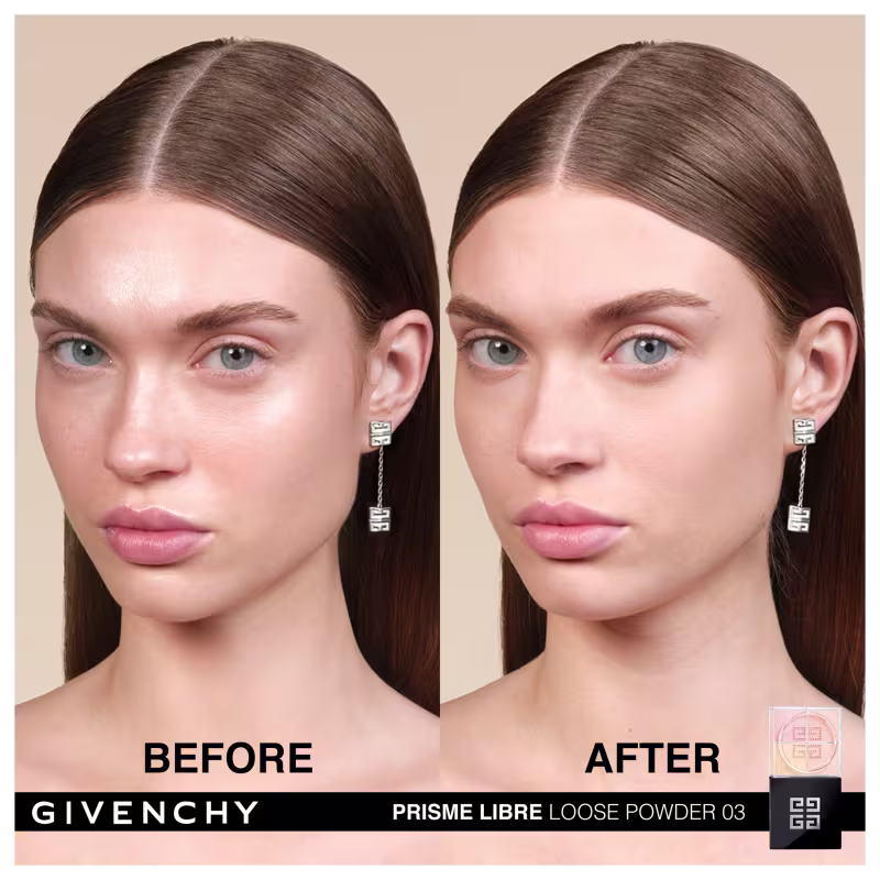 A imagem apresenta o comparativo ao usar o pó solto. Mostra duas fotos de uma modelo branca de pele clara. A foto da esquerda é "Antes" e a da direita como "Depois", sugerindo que o pó solto matificante promove uma aparência mais polida e sedosa na pele.