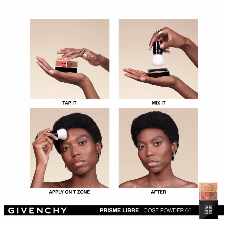 A imagem mostra uma modelo negra ensinando como aplicar o pó solto. 1º bater levemente no produto para soltá-lo; em seguida, misturar o pó com um aplicador; depois, aplicar na zona T do rosto; e por fim, o resultado final da pele matificada e iluminada.