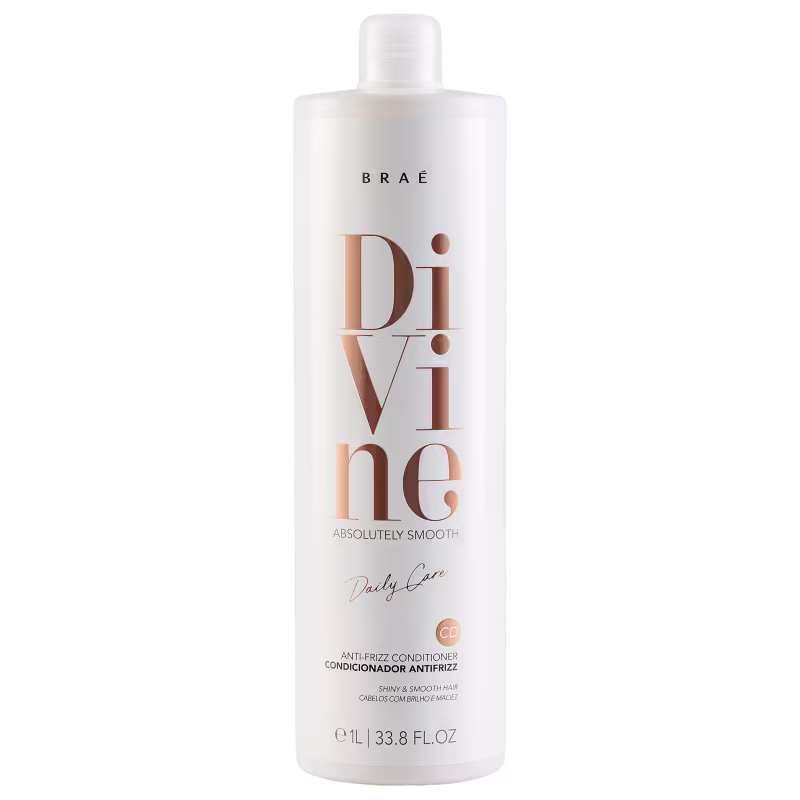 Frasco branco da linha Divine da marca Braé, contendo condicionador antifrizz para cabelos brilhantes e lisos. O rótulo apresenta o nome do produto "Divine" em letras grandes e douradas.