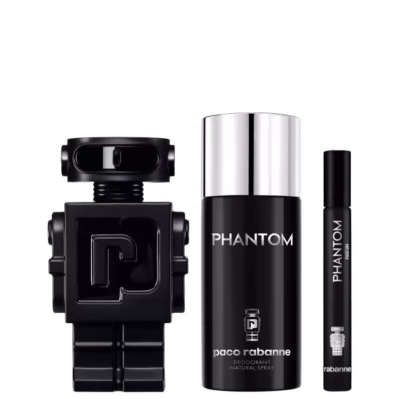 Frasco de perfume preto com detalhes geométricos e o logotipo da marca, um desodorante spray em embalagem cilíndrica preta e prateada com o nome "Phantom" em letras maiúsculas e um pequeno frasco de perfume preto.