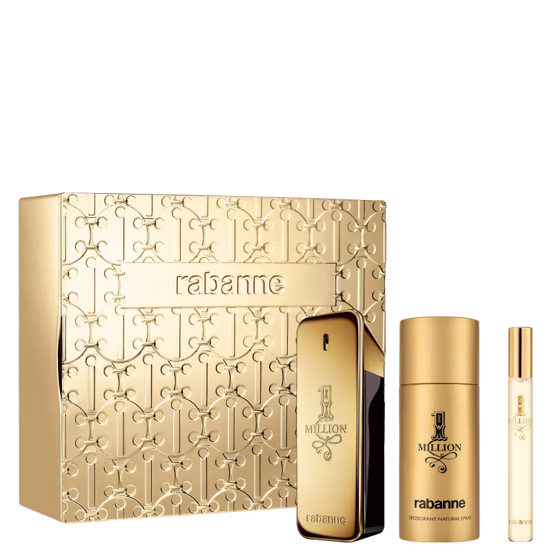 Conjunto de fragrâncias da marca Rabanne. Uma caixa dourada decorada com um padrão geométrico intrincado, com o nome "Rabanne" gravado na parte frontal. Um frasco dourado de perfume da linha "1 Million, desodorante spray e um pequeno frasco travel size.