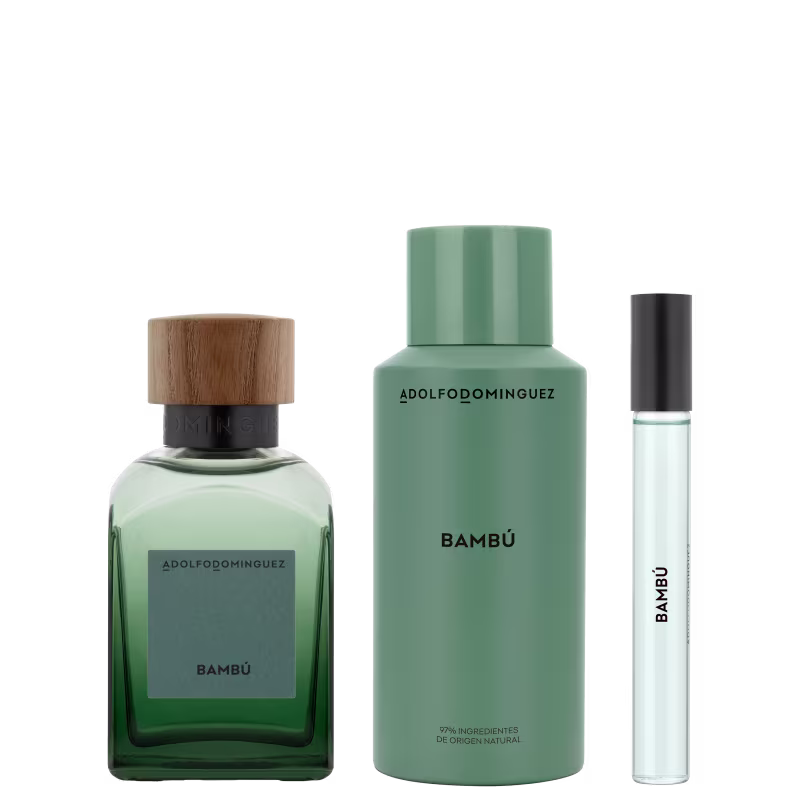 Produtos lado a lado, com frascos de perfumes, com tampa de madeira e outro preto, vidro degradê transparente e verde. Desodorante em embalagem verde e escritos pretos.