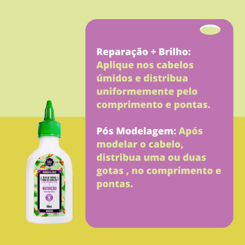 A imagem mostra o produto do lado esquerdo e, num fundo com dois tons de amarelo e, ao lado, um fundo lilás com informações sobre o produto escrito em amarelo.