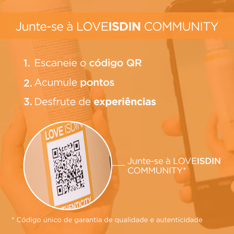 Código QR  com o texto "Junte-se à LOVEISDIN COMMUNITY" acima. Abaixo, há três etapas listadas: 1. Escaneie o código QR, 2. Acumule pontos e 3. Desfrute de experiências. O texto menciona que é um "código único de garantia de qualidade e autenticidade"
