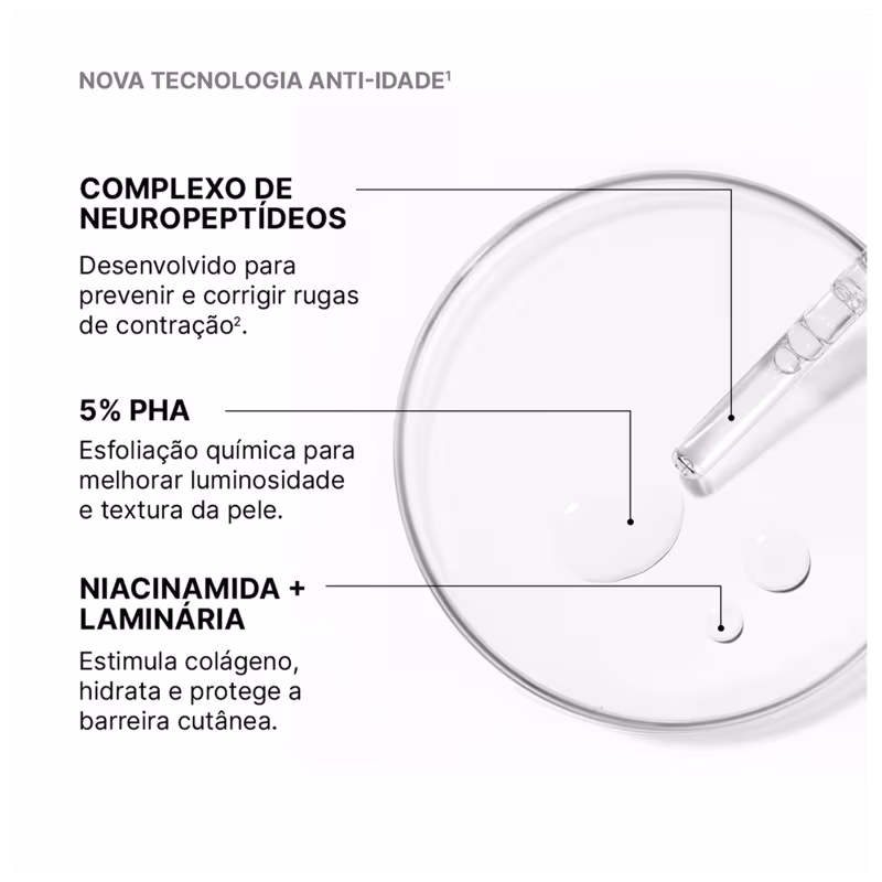 Descrição dos ativos e algumas gotas do produto sobre uma superfície transparente de laboratório.