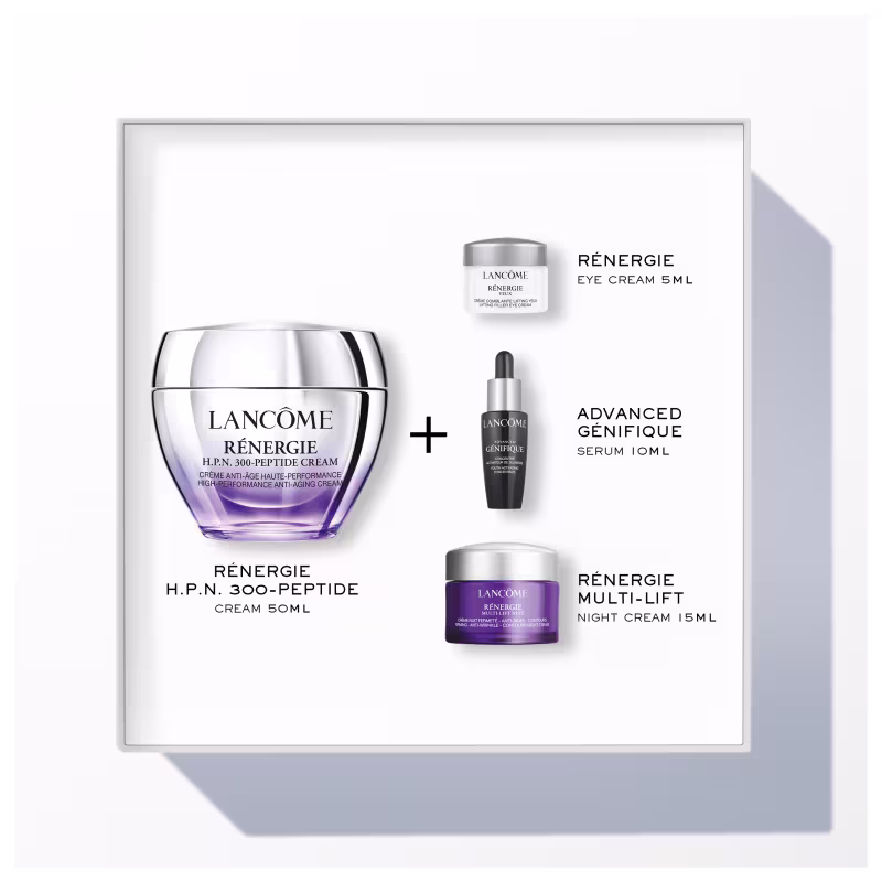 A imagem mostra um pote de creme redutor de linhas Rénergie H.P.N. de 50ml. Acompanha um creme para os olhos Rénergie Eye Cream de 5ml, um sérum Advanced Genifique de 10ml e um creme noturno Rénergie Multi-Lift Night Cream de 15ml.