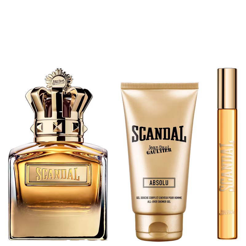 O produto apresentado é uma linha de fragrância e cuidados pessoais masculinos da marca Jean Paul Gaultier, chamada "Scandal". Inclui um frasco de perfume dourado com uma coroa estilizada no topo, um tubo de gel de banho e um frasco de perfume portátil.