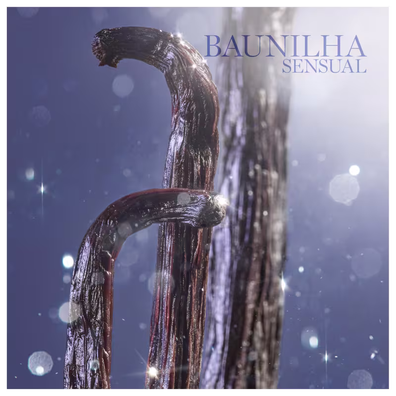 Favo de baunilha marrom. O texto "BAUNILHA SENSUAL" está escrito em letras grandes no topo da imagem, indicando o nome e a essência da fragrância. A imagem tem um fundo desfocado em tons de azul escuro, com pequenos pontos brilhantes.