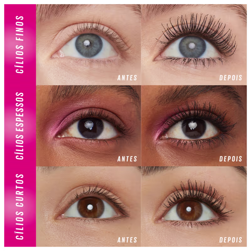 O produto é apresentado em 3 variações de cores de olhos - azul, castanho escuro e castanho claro. Para cada, há 2 fotos lado a lado, uma mostrando os cílios naturais antes da aplicação, e outra após a aplicação dos cílios postiços alongados e volumosos.