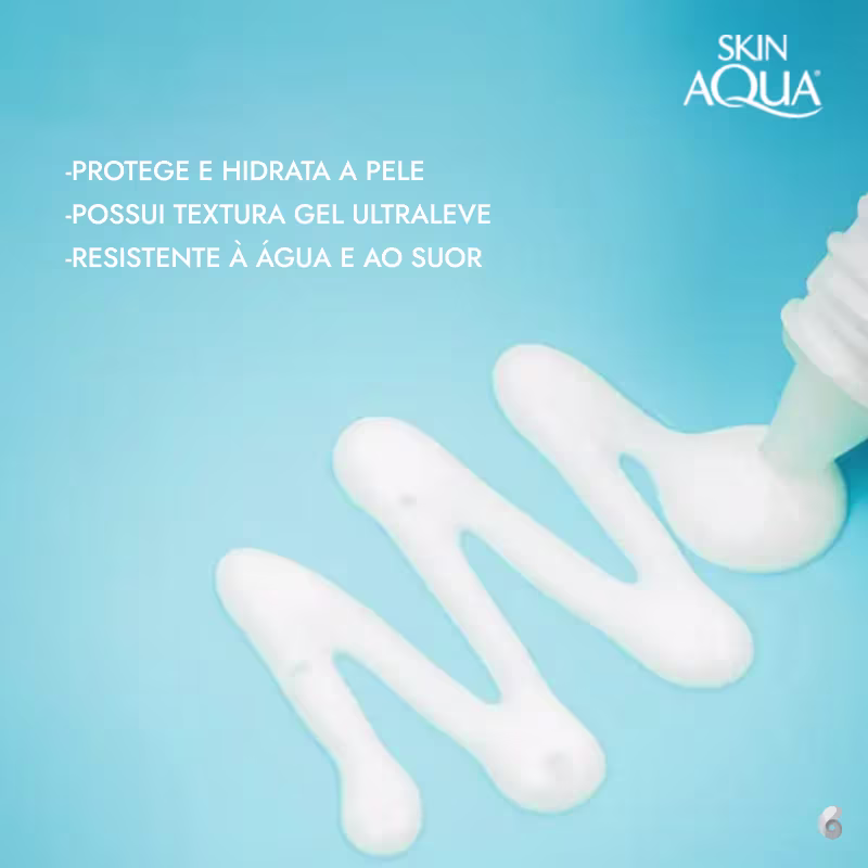 A imagem mostra uma amostra do protetor solar, sua textura é aquosa, na cor branca.   fundo é azul claro. O texto em português destaca: "Protege e hidrata a pele", "Possui textura gel ultraleve" e Resistente à água e ao suor.