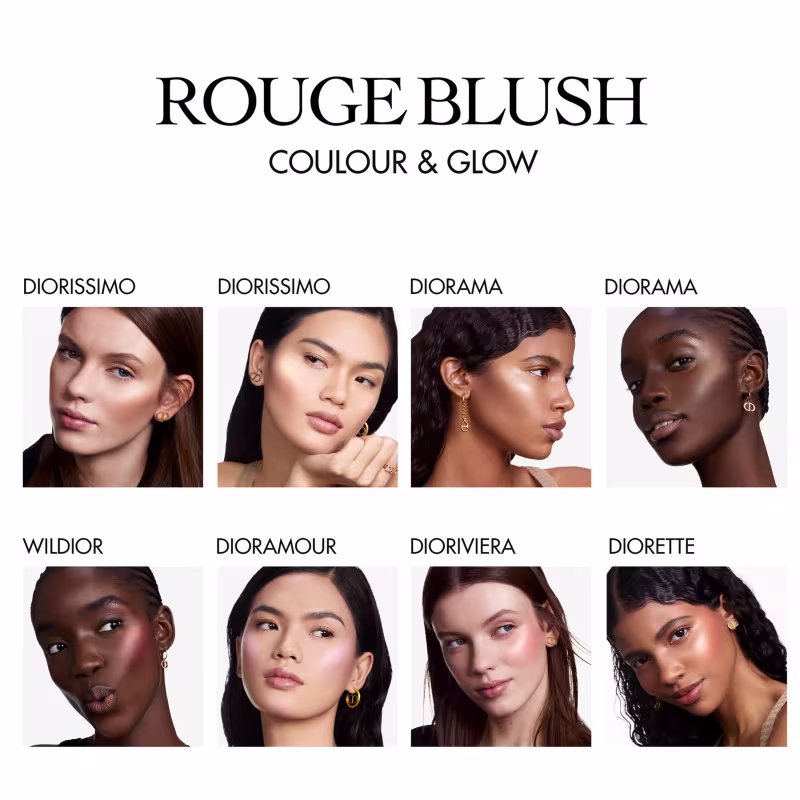 Esta é uma imagem promocional de produtos de maquiagem da linha Rouge Blush da Dior, intitulada "Coulour & Glow". Apresenta oito diferentes tons de blush em formato de batons ou pós compactos, cada um com um nome distinto.