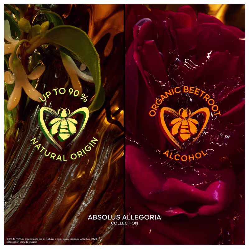 À esquerda, um rótulo indicando "Up to 90% Natural Origin". À direita, um rótulo indicando "Organic Beetroot Alcoholic". Ambos apresentam o logotipo da marca Guerlain com uma abelha estilizada.