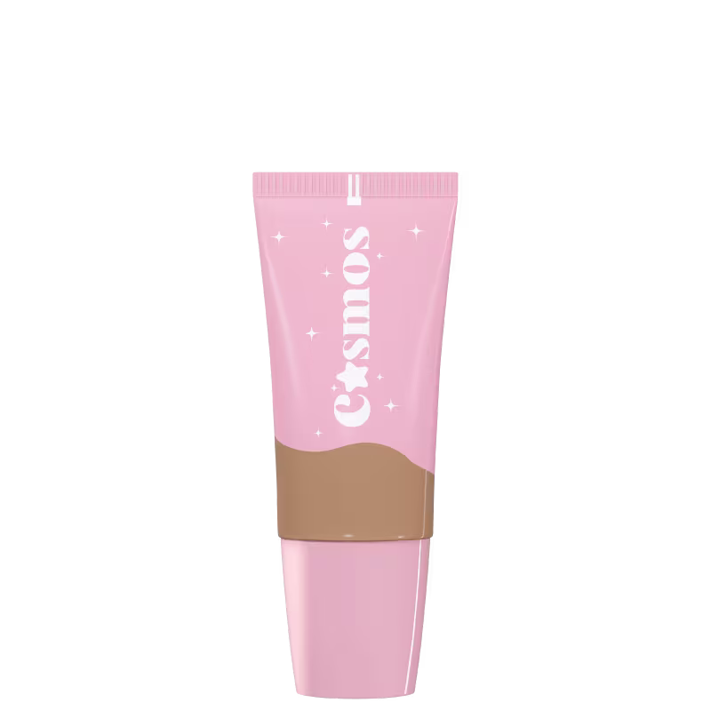 Embalagem com tampa cor-de-rosa claro, com inscrição de nome. Parte superior com tom da base e detalhes brancos na parte inferior, com pequenas estrelas decorativas ao redor. A embalagem tem um design minimalista e delicado.