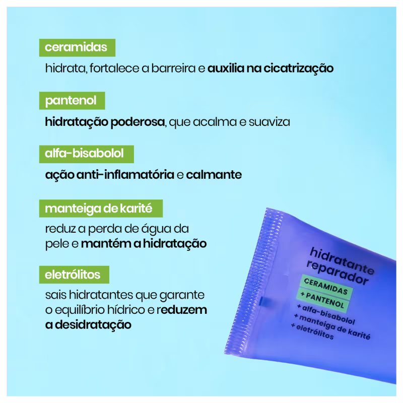 Estão listados os principais ingredientes ativos: ceramidas, pantenol, alfa-bisabolol, manteiga de karité e eletrólitos.