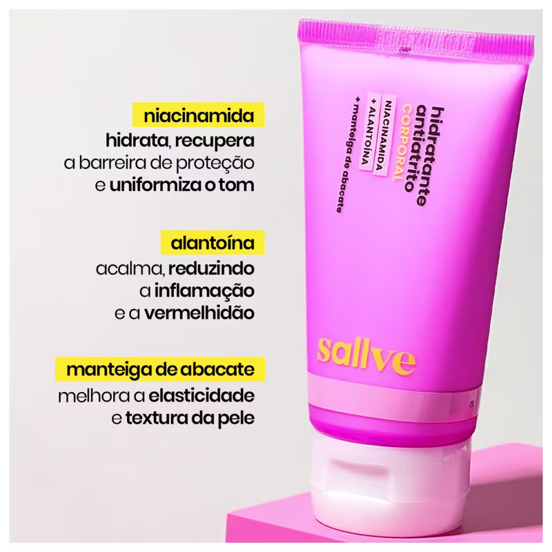 Destaca principais ingredientes e benefícios: niacinamida para hidratação e uniformização do tom, alantoína para acalmar e reduzir inflamação, e manteiga de abacate para melhorar a elasticidade e textura da pele.