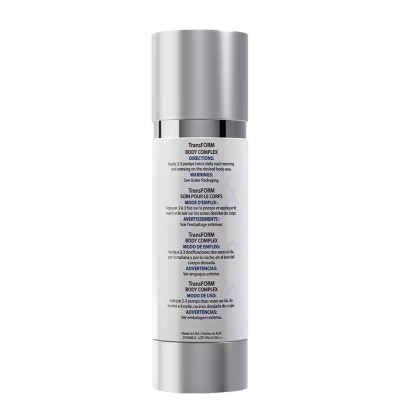 Verso do frasco do creme firmador corporal Alastin.