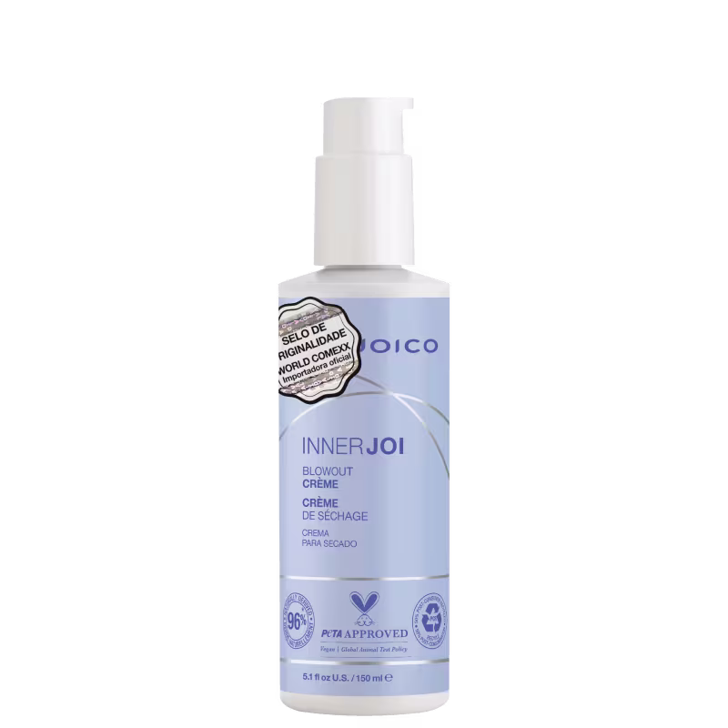 O Leave-in Joico InnerJoi Blowout Crème (150ml) aparece em destaque em sua embalagem azul com detalhes em branco e prata.