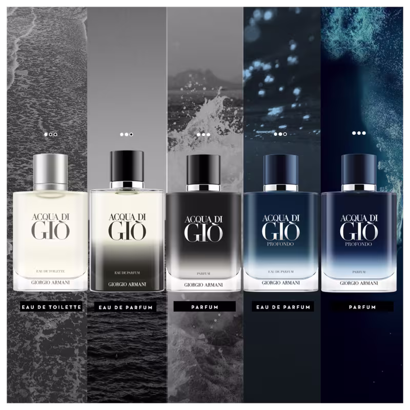 A imagem mostra todas as fragrâncias de Acqua Di Gio Giorgio Armani. Mostrando do Eau de Toilette ao Acqua Di Gio Profondo Parfum.