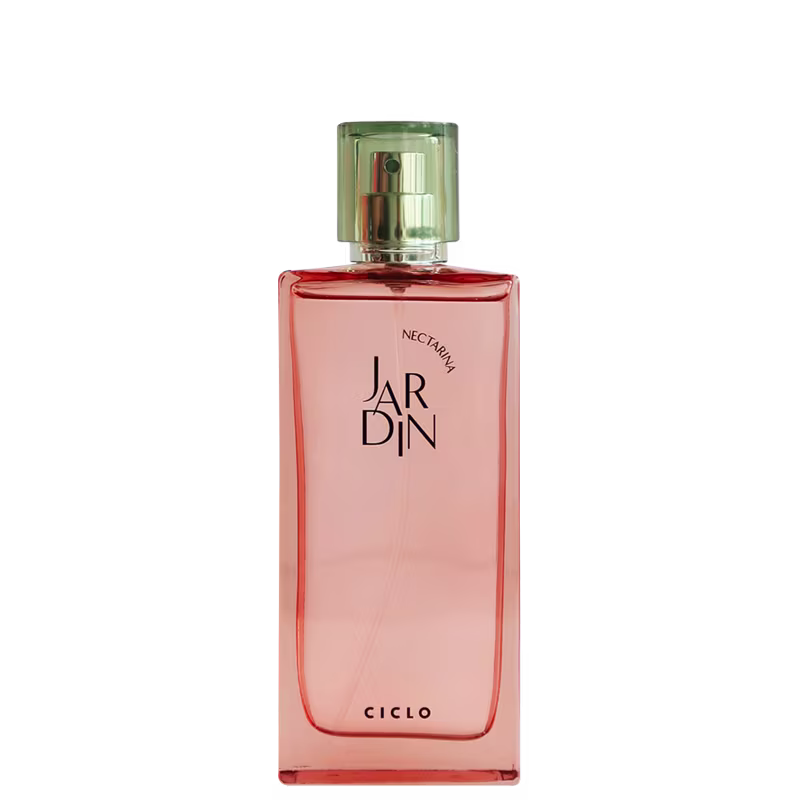 Perfume em frasco retangular de vidro transparente com líquido salmão. A embalagem apresenta o nome "JARDIN" em letras maiúsculas pretas e "Nectarina" em letras menores abaixo. Na parte inferior, está escrito "CICLO" em letras maiúsculas pretas.